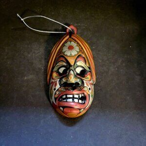 Vintage Hand Painted Wood Indonesian Tribal Mask Hanging Ornament